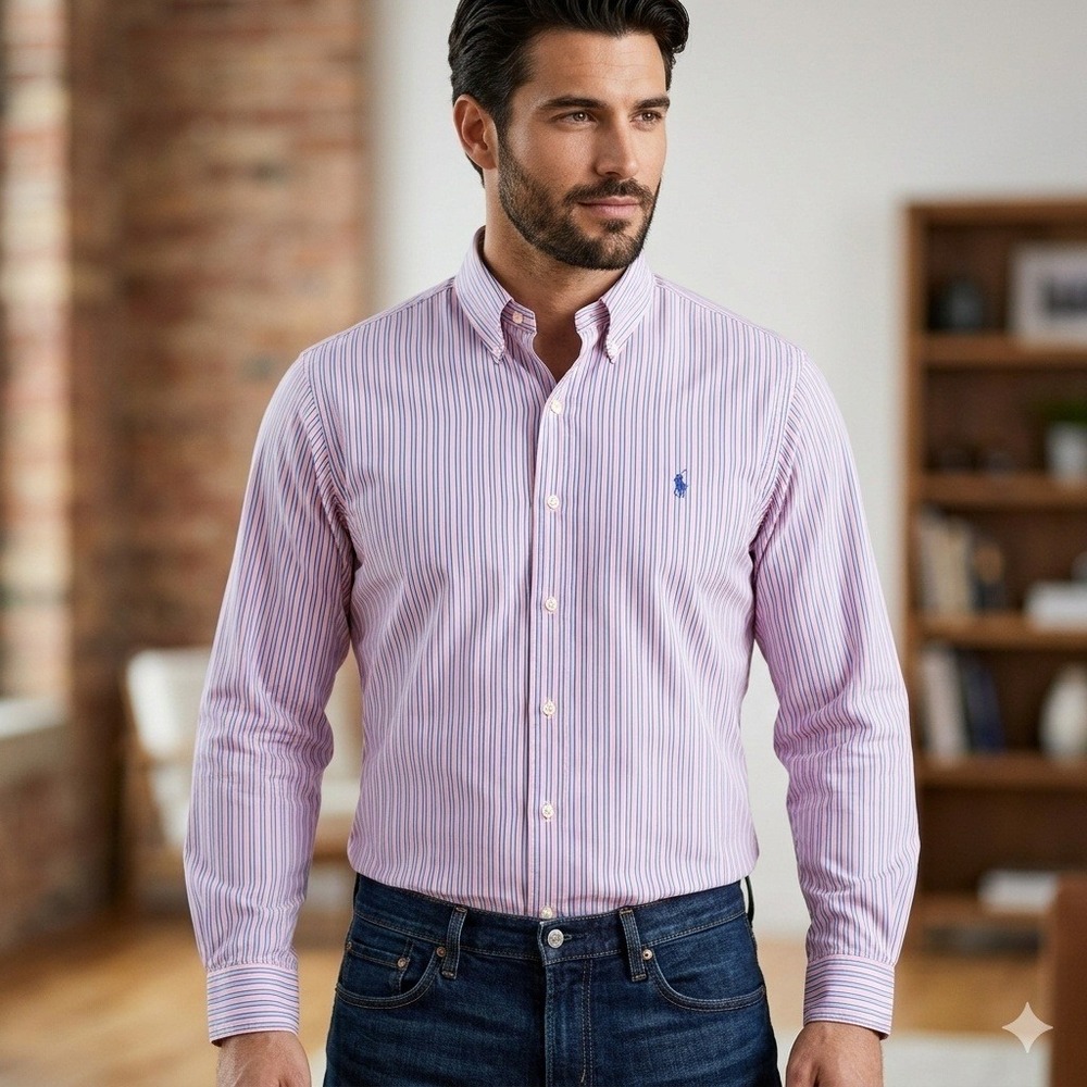 Polo Ralph Lauren Button Down Mens 16.5 32/33 Pink Blue Striped Classic Fit